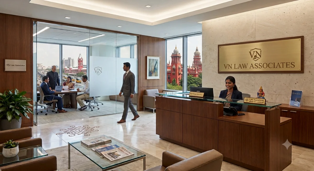 Reception and consultation area at the office of VN Law Associates, Chennai